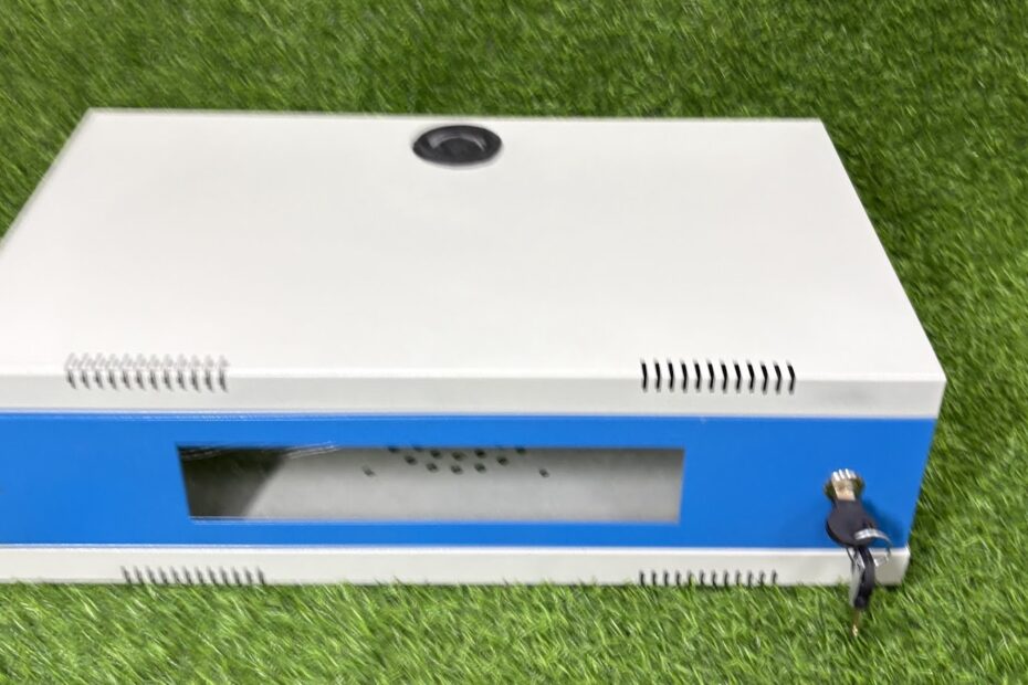 Blue and white sheet metal cabinet with lock, a sample of OEM sheet metal fabrication